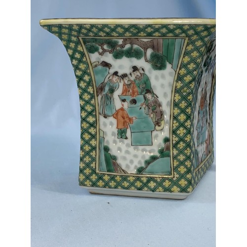 390B - A Chinese Famille Vert flattened squared vase with four panels of decoration with people playing or ... 