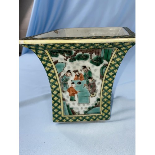 390B - A Chinese Famille Vert flattened squared vase with four panels of decoration with people playing or ... 