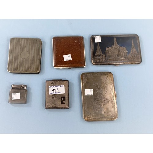 493 - A hallmarked silver compact, London 1946; a vintage cigarette lighter and various cigarette cases