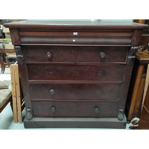 582 - A Victorian figured mahogany large chest of 3 long, 2 short and 1 pulvinated frieze drawers, height ... 