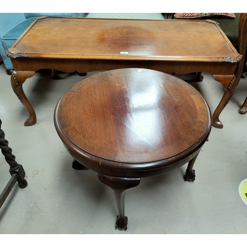 601 - A reproduction burr walnut coffee table  glass cover and a drawer missing; another with circular top