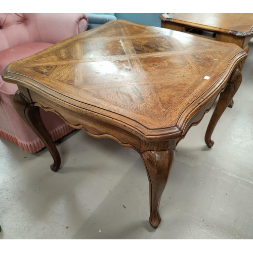 604 - A side table with rectangular parquetry top; a similar coffee table