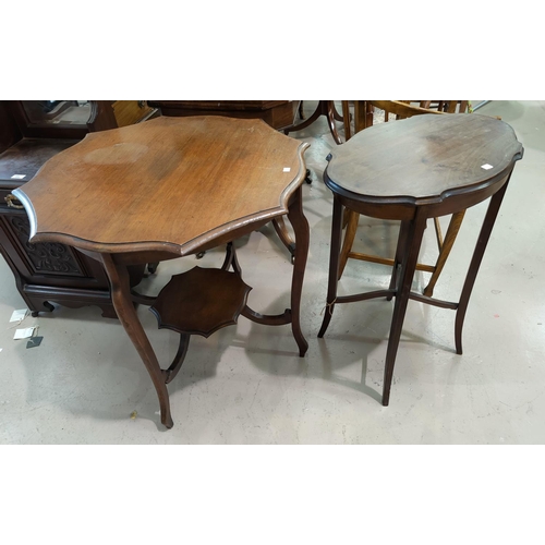 719 - An Edwardian walnut occasional table of 2 tiers with scalloped circular top; an Edwardian inlaid mah... 