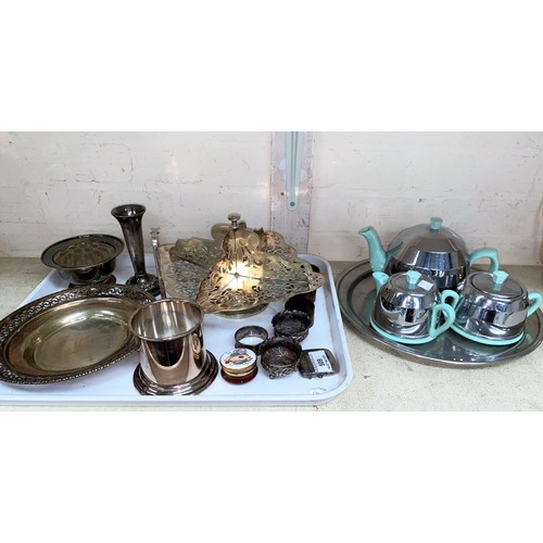 509 - A selection of silver plate and a vintage chrome and turquoise tea set including silver vesta, silve... 