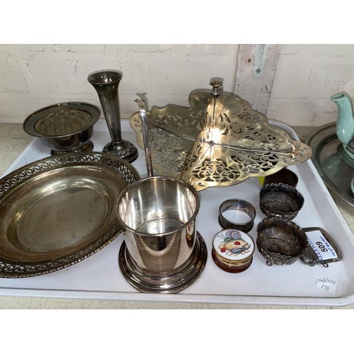 509 - A selection of silver plate and a vintage chrome and turquoise tea set including silver vesta, silve... 