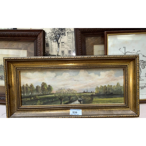 539 - A continental oil on board monogrammed with windmills in the background in gilt frame 12cm x 34 cm a... 