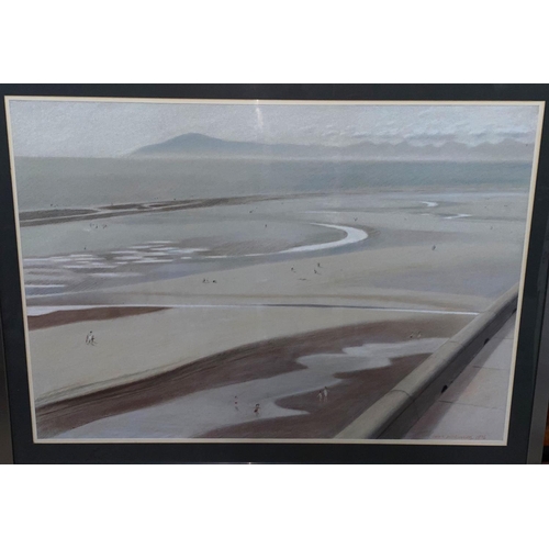 552 - Derek Wilkinson:  Coastal scene with figures on a beach, pastel, signed, 48 x 87 cm, framed and glaz... 