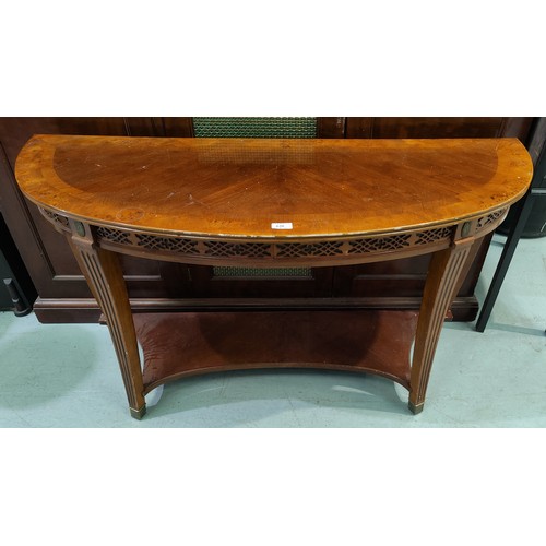 636 - A walnut reproduction 2 tier side table, wide burrwood crossbanding and     
'D' shaped top; an oak ... 