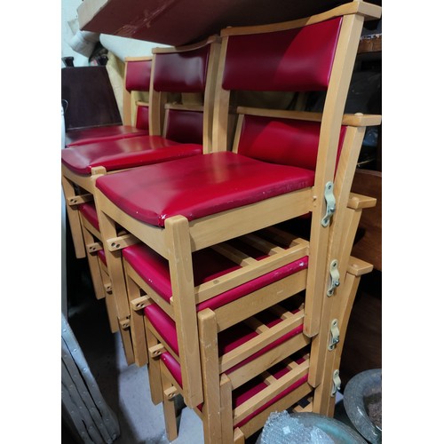 706 - A set of 12 modern chapel chairs with light wood frames below, stacking and with connecting sockets ... 