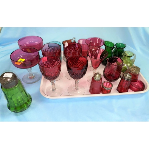 386 - A set of 4 cut cranberry wine glasses; other cranberry and coloured glassware