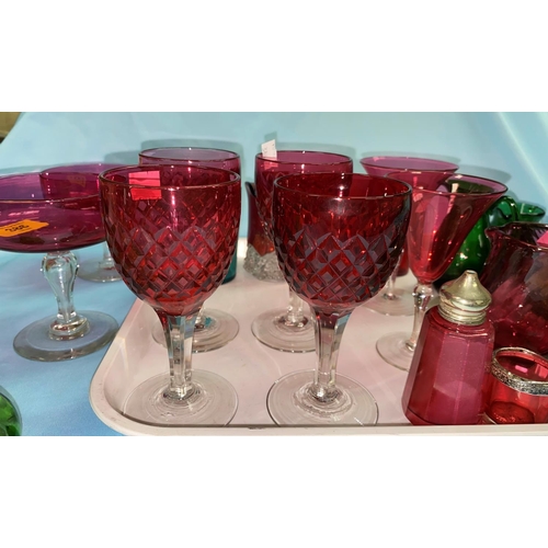 386 - A set of 4 cut cranberry wine glasses; other cranberry and coloured glassware