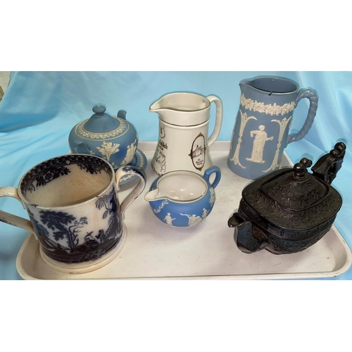 413 - A 19th century Jackfield Black teapot, a 2 handled mug, items of Jasperware and decorative china