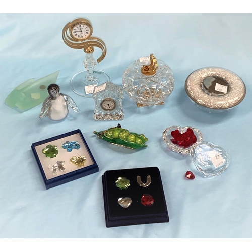432 - 2 Swarovski boxed miniature sets and other glass trinket-ware including a Kilarney Clock