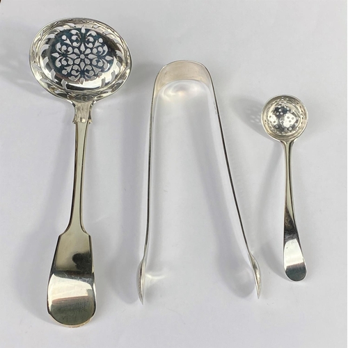 496 - A William IV silver ladle, fiddle pattern with pierced bowl, IL.HL.CL London 1830; a similar spice s... 