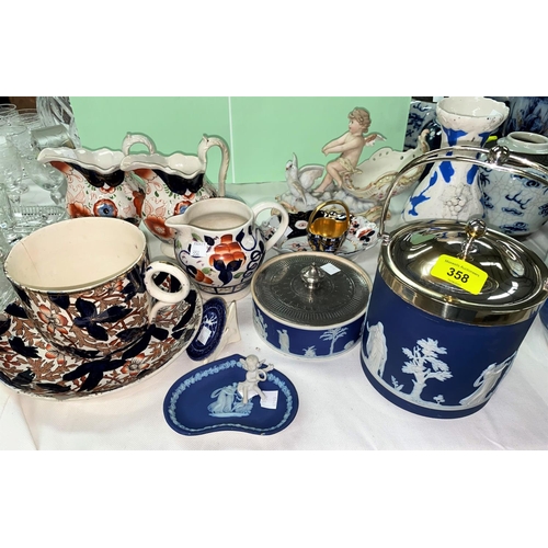 358 - An Adams blue jasperware biscuit barrel with silver plated mounts, 16 cm; other similar pieces