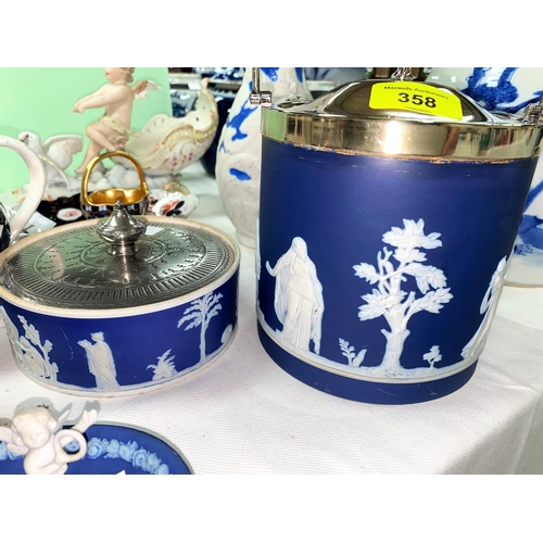358 - An Adams blue jasperware biscuit barrel with silver plated mounts, 16 cm; other similar pieces