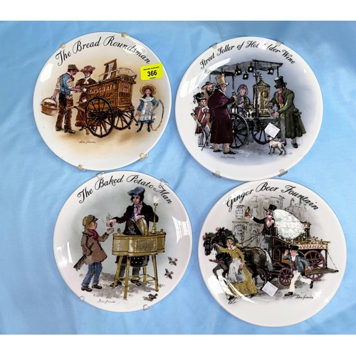 366 - A Wedgwood set of 4 plates: Street Sellers of London; 2 others; a cut glass ship's decanter;