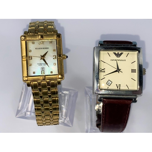 531 - A Gent's Emporio Armani wristwatch and a Klaus Kobec wristwatch with mother of pearl dial and gilt b... 