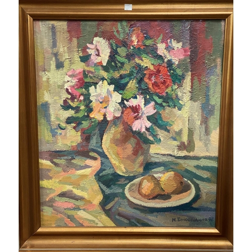 587 - M Balosludchev - still life of flowers & fruit, oil on canvass, signed, inscribed on reverse 47 x 49... 