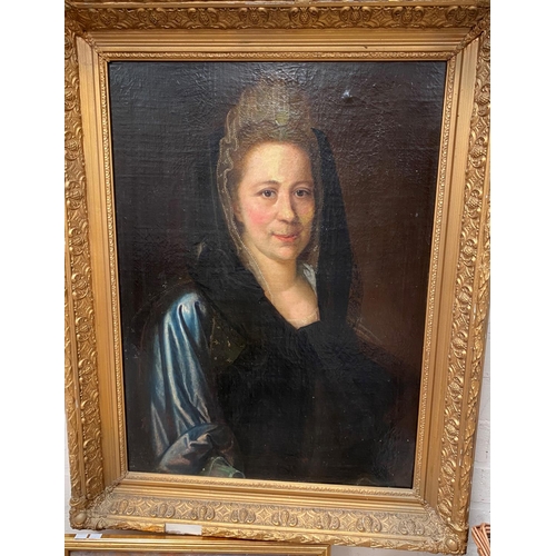 600 - 19th Century ENGLISH SCHOOL - Oil on canvas, head and shoulders portrait of a woman with a lace head... 