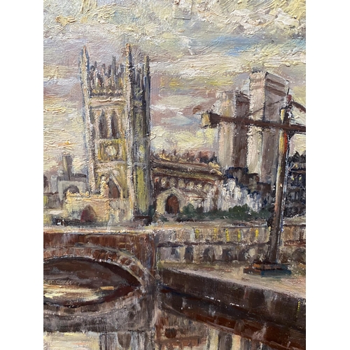 603 - J.PARKER, Northern Artist, Salford Art Club, oil on board, Manchester Cathedral from Blackfriars, si... 