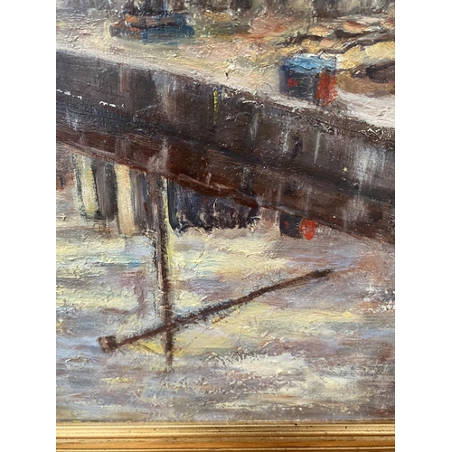 603 - J.PARKER, Northern Artist, Salford Art Club, oil on board, Manchester Cathedral from Blackfriars, si... 