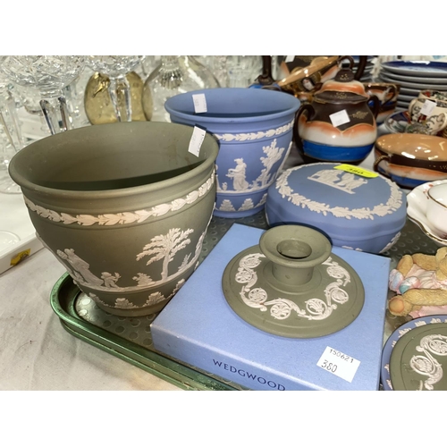 380 - Two Wedgwood jasperware jardinières; other jasperware; a Japanese part tea set; decorative china