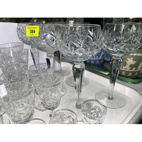 384 - A cut crystal set of 6 hock glasses; other cut drinking glasses