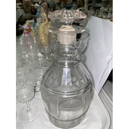 412 - A Georgian cut glass decanter, other 19th century glass to include custard cups and a large rummer -... 