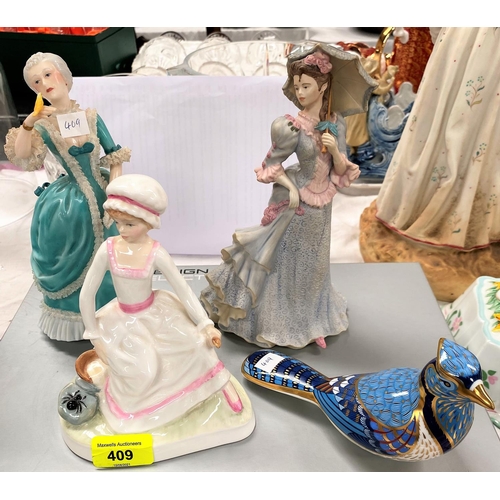 409 - A Royal Crown Derby bird; a Royal Doulton figure:  Little Miss Muffet; 2 other figures