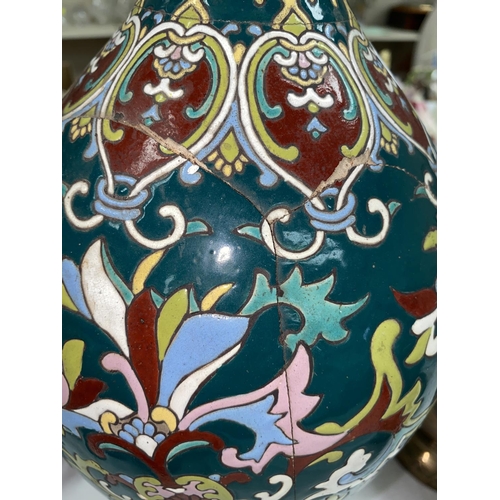 438A - A Japanese brass vase inset with various metals ht 24cm, a taller similar vase ht 33cm, a bronze tea... 
