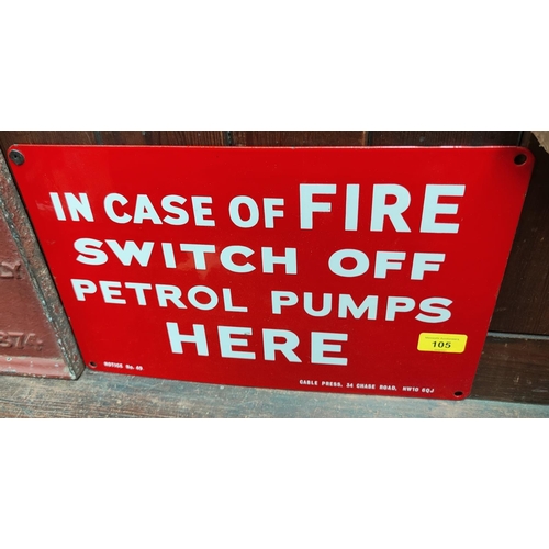 105 - A c1950's enamel sign In Case of Fire Switch Off Petrol Pumps Here, 37cm x 25cm and two vintage car ... 