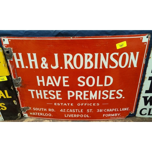107 - An early 20th Century enamel sign HH & J Robinson Sold These Premises, 57 x 42cm