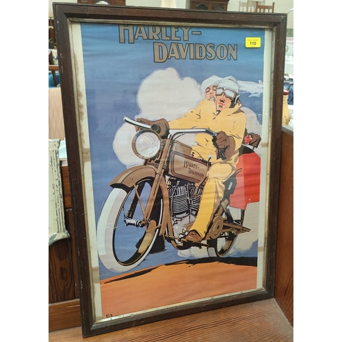 110 - A vintage framed poster for Harley Davidson showing a c. 1920's couple on a Harley (signature H L Pi... 