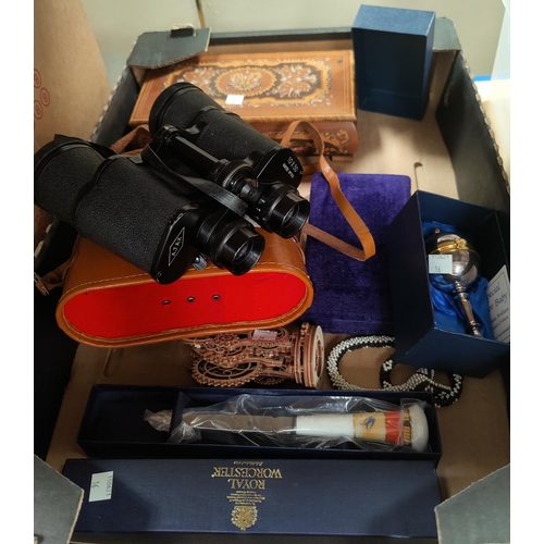 16 - A brown leather suitcase; a pair of binoculars; a cased balance scale; etc.