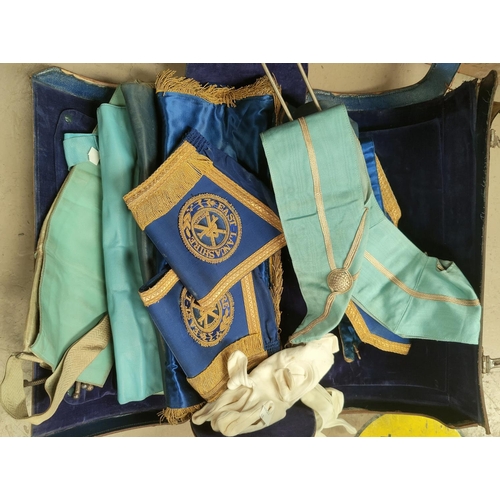 32 - A selection of masonic regalia in leather bag; 4 aprons; etc.