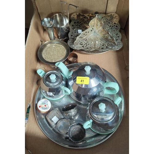 41 - A selection of silver plate; a vintage chrome and turquoise tea set; a silver vesta; salts; etc.