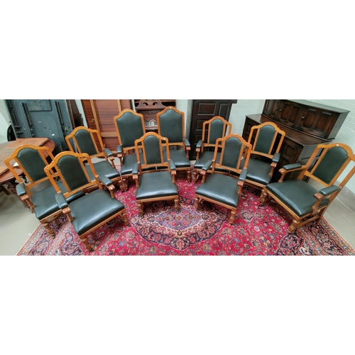 670 - A set of 10 Golden Oak high back conference/board/dining carver chairs with studded leather effect s... 