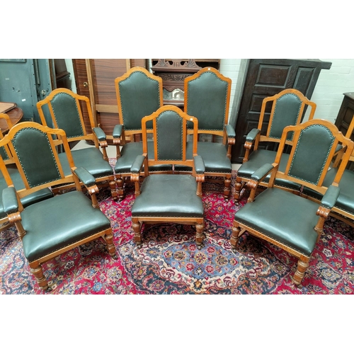 670 - A set of 10 Golden Oak high back conference/board/dining carver chairs with studded leather effect s... 