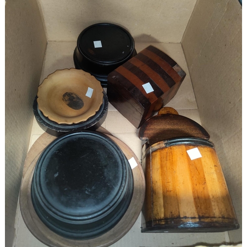 70 - A selection of vintage treen:  tea caddy; salt box; trophy stands; frames; etc.