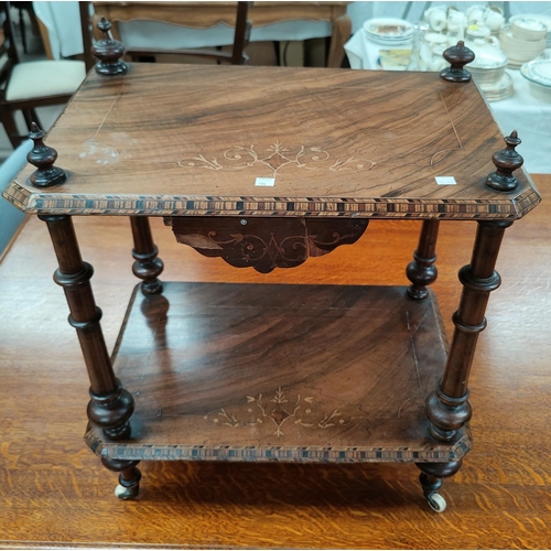 705 - A Victorian inlaid walnut side table, 54 cm; a folding cake stand; a Victorian balloon back chair