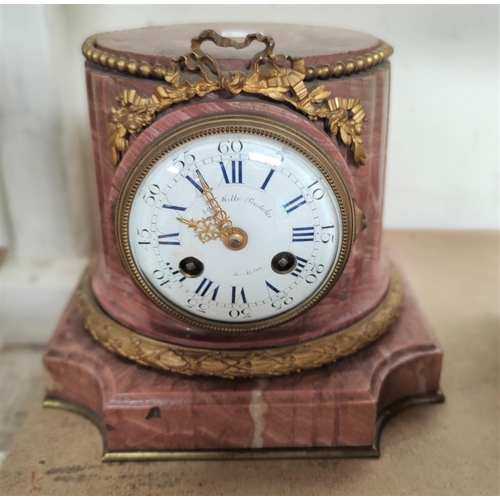 88d - An French gilt mounted pink marble (rhodochrosite) clock with enamel dial dial 8cm, ht 17cm L 19cm