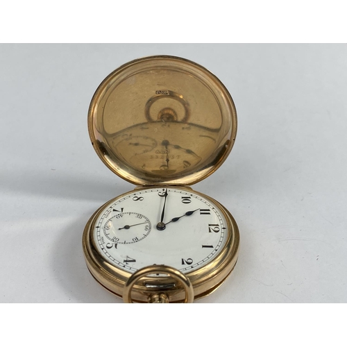 494 - An early 20th century full hunter pocket watch in 9 ct gold case, Minerva 17 jewel movement