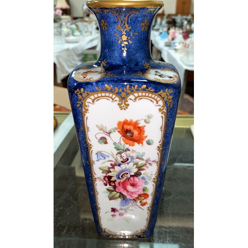 375A - A Sevres style handpainted porcelain vase with blue background, polychrome panels of birds and flowe... 
