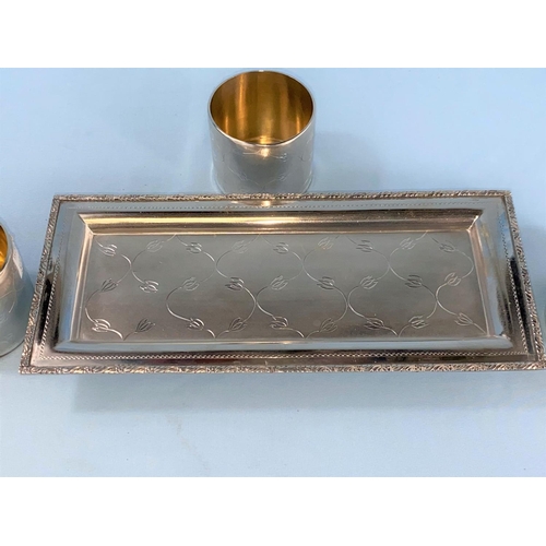 571 - American Sterling Silver Set 3 Vodka Whiskey Wine Cups & Tray Fine Chased C1930.  (A rectangular whi... 