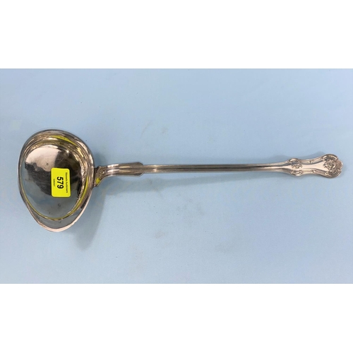 579 - A large Swedish white metal sauce ladle, with reeded border and Rococo terminals & 3 crowns mark, 8.... 