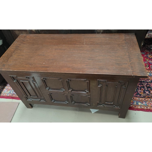 723a - An early 20th century oak blanket box with geometric moulded decoration, width 91 cm