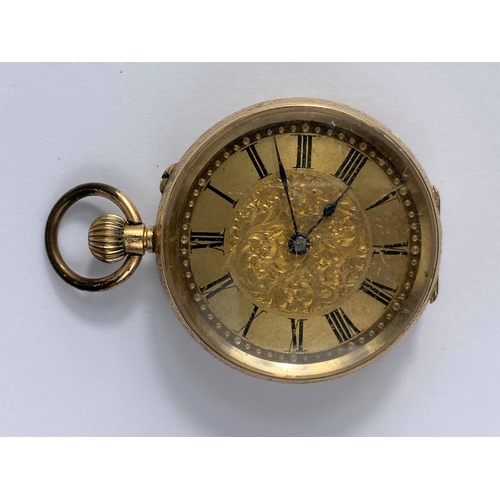 509 - A continental yellow metal fob watch, stamped '14k'
