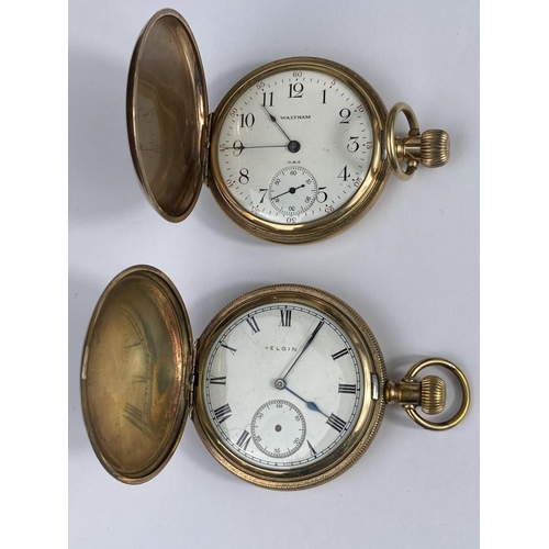 514 - Two gold plated full Hunter pocket watches, 1 x Elgin and 1 x Waltham