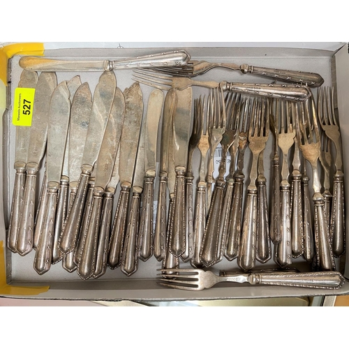 527 - A selection of mixed selection of silver handled fish and dessert knives and forks